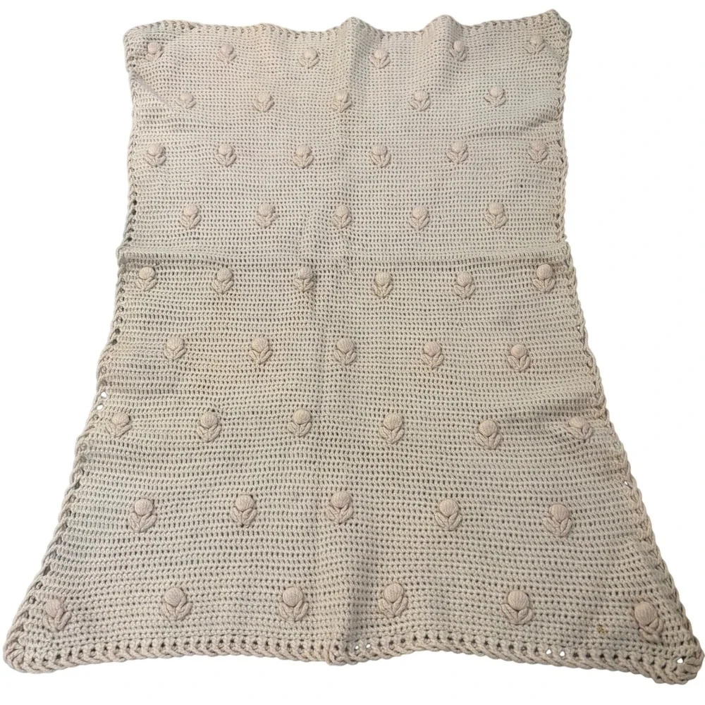 Vintage Handmade Crochet Baby Blanket Cream Floral Popcorn Stitch Nursery 31x20